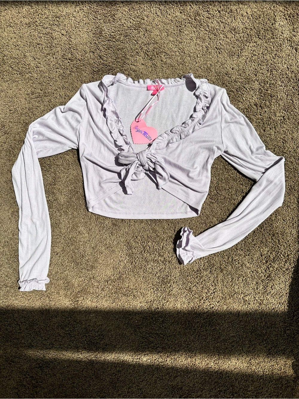 Sugar Thrillz lavendar Ruffle Tie-Front Long Sleeve Crop Top - Picture 2 of 5